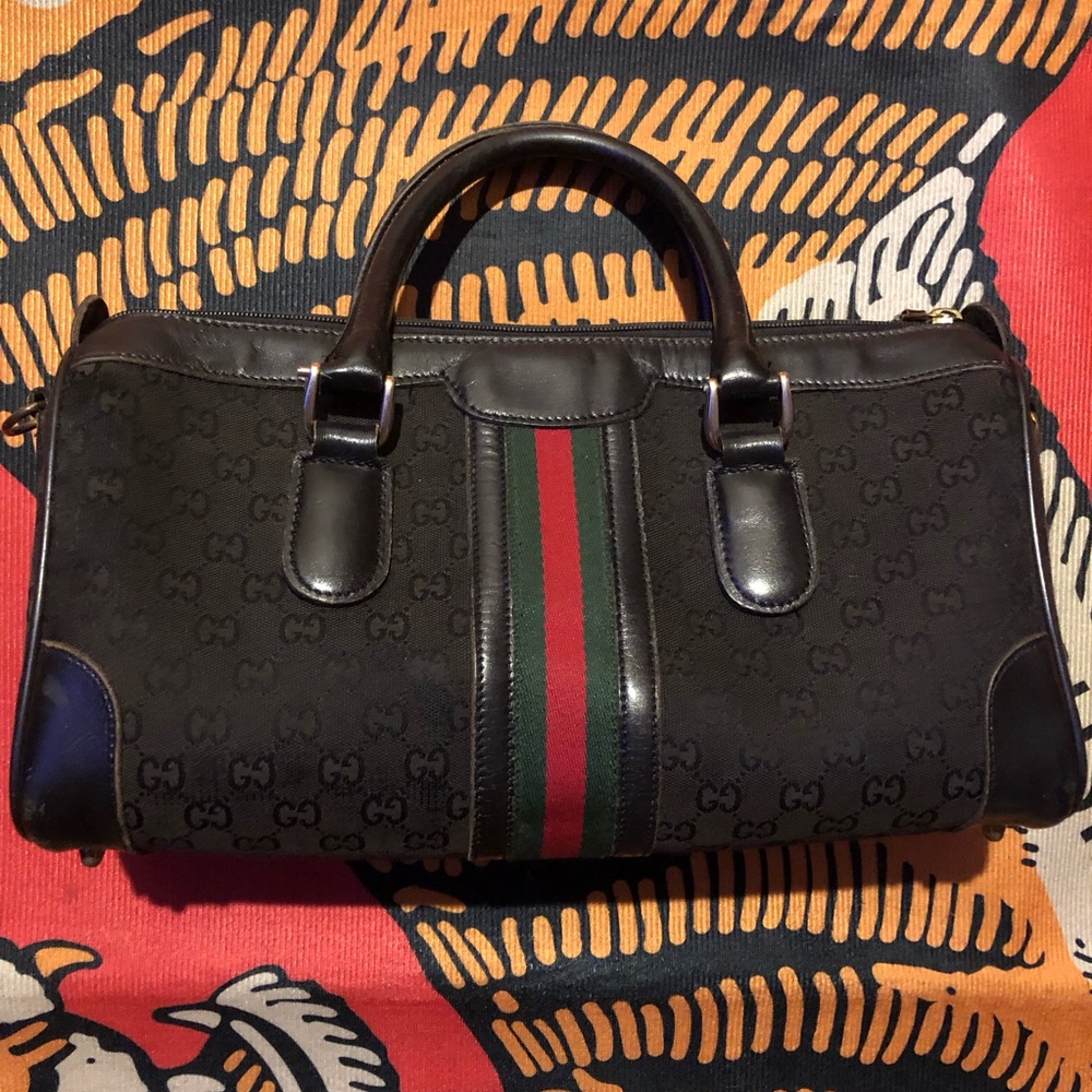 Vintage Gucci Boston Bag black with Signature G and Stripes 70s - Picture 3 of 7